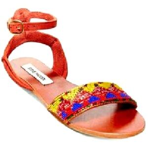 Steve Madden Jewells Flat Leather Sandals Bright Multi Colored Beads Size 10
